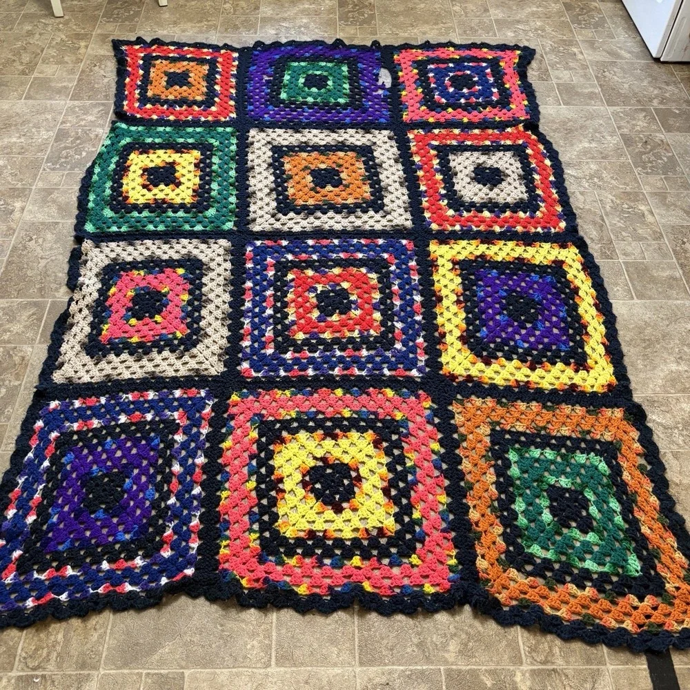 Vintage Handmade Crochet Granny Square Afghan Blanket 82x56 Ugly Colorful LARGE